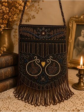 VINTAGE Beaded Fringe Evening Bag Boho Gatsby Art Deco Purse